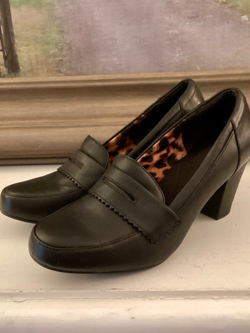 Clarks Bendables "Partridge" black leather penny loafer pumps 8 M Heels Classic